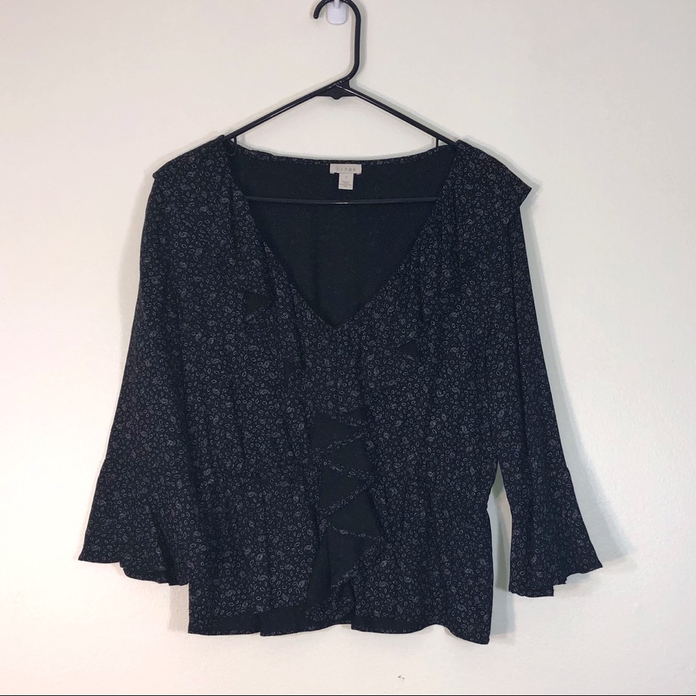 Black Print Ruffle Bell Sleeve Blouse